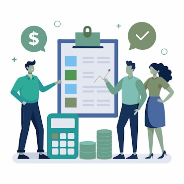 Plusieurs personnages réunis autour d'une fiche avec des graphiques et une calculatrice.