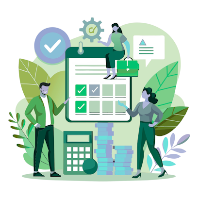 Plusieurs personnes autour de tableaux et fiches commerciales.