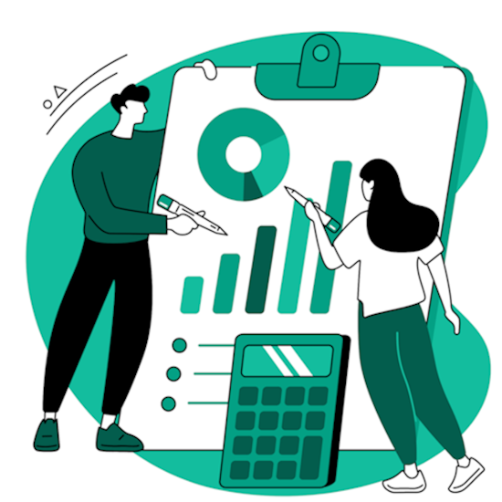 Deux personnes devant une fiche de comptabilité.