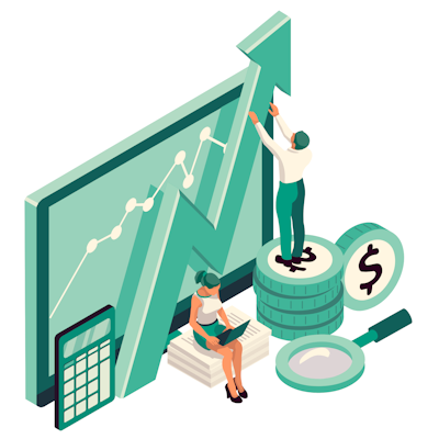 Personnages mis en scène au milieu d'éléments représentant la comptabilité.
