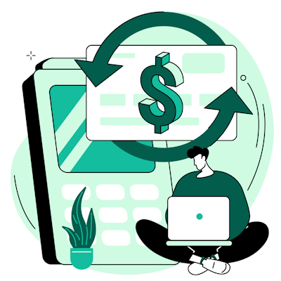 Personnage avec une calculatrice et le symbole dollars.