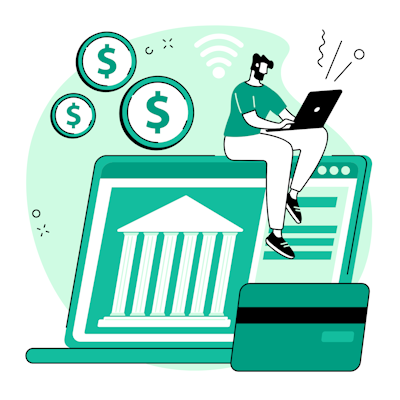 Personnage assis sur un ordinateur avec une image de banque et symboles de finance.