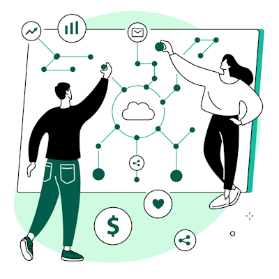 Plusieurs personnages autour d'un tableau représentant la dématérialisation.