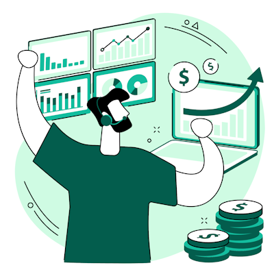 Personnage analysant des graphiques et courbes commerciales.