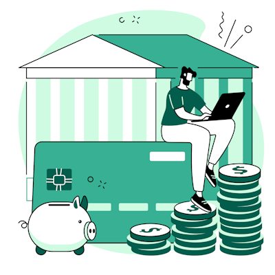 Personnage avec symboles de finance tout autour de lui.