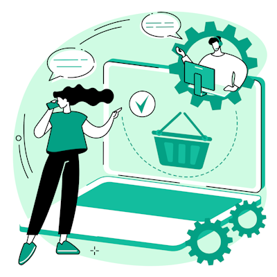 Personnages représentant des commerciaux. Un ordinateur ouvert avec un panier comme image sur l'écran.