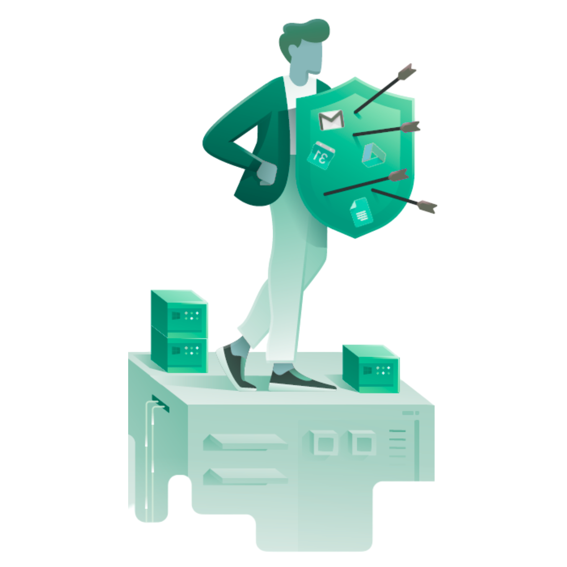 Image représentant la cybersécurité et la protection des données, avec une personne tenant un bouclier qui arrête des attaques (flèches) pour protéger les systèmes et informations sensibles.