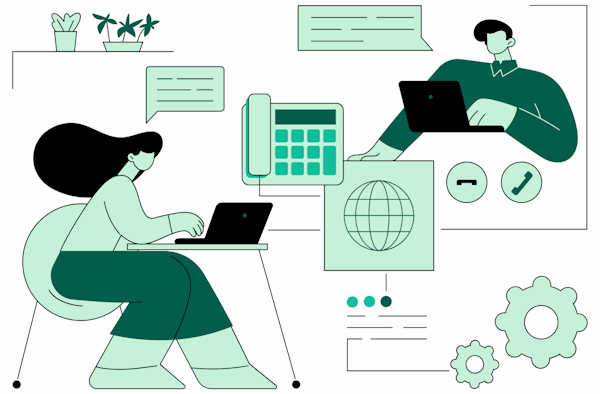 Illustration de deux personnes travaillant à distance avec des ordinateurs portables, représentant l’infogérance et la gestion informatique.