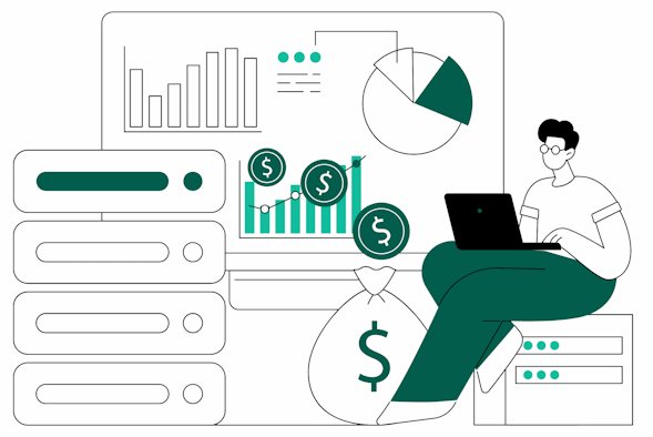 Personnage travaillant sur un ordinateur. Derrière et autour de lui on retrouve des symboles de finance.