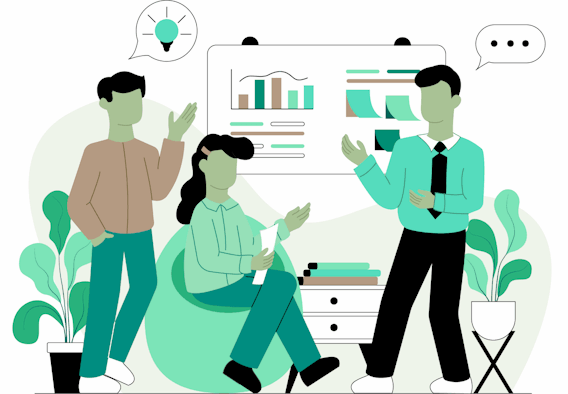 Plusieurs personnages discutant autour de tableaux graphiques.