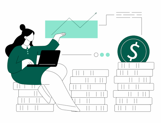 Personnage montrant un graphique. On retrouve des symboles de finance autour du personnage.