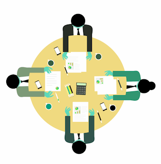 Plusieurs personnages réunis autour d'une table.