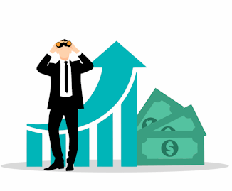 Personnage avec courbe croissante et billets.