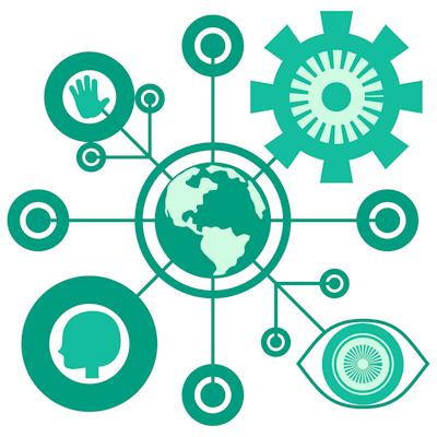 Illustration de la planète connectée à différents symboles technologiques, représentant la virtualisation et l’interconnexion des systèmes.